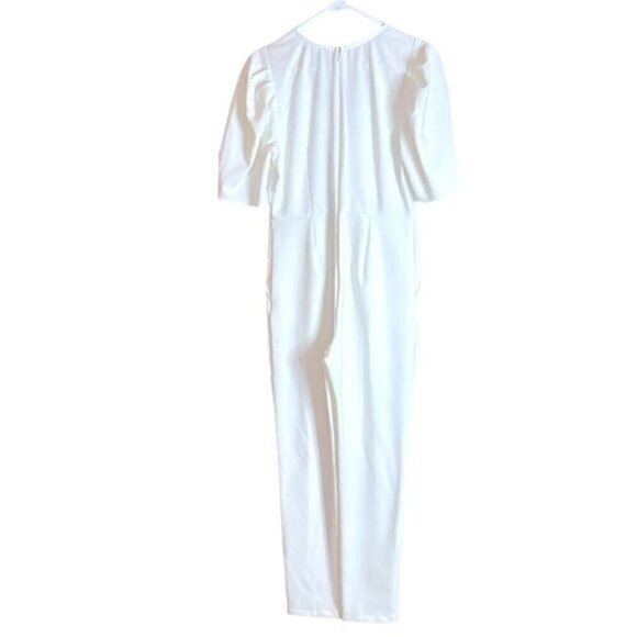 Chelsea 28 Puff Sleeve Jumpsuit Split Hem Pockets V Neck Ivory Cloud Size Small - Picture 5 of 9